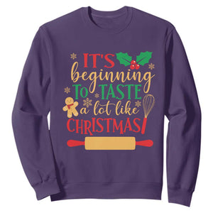 Funny Christmas Baker Sweatshirt It's Beginning To Taste A Lot Like Christmas Gingerbread TS11 Purple Print Your Wear