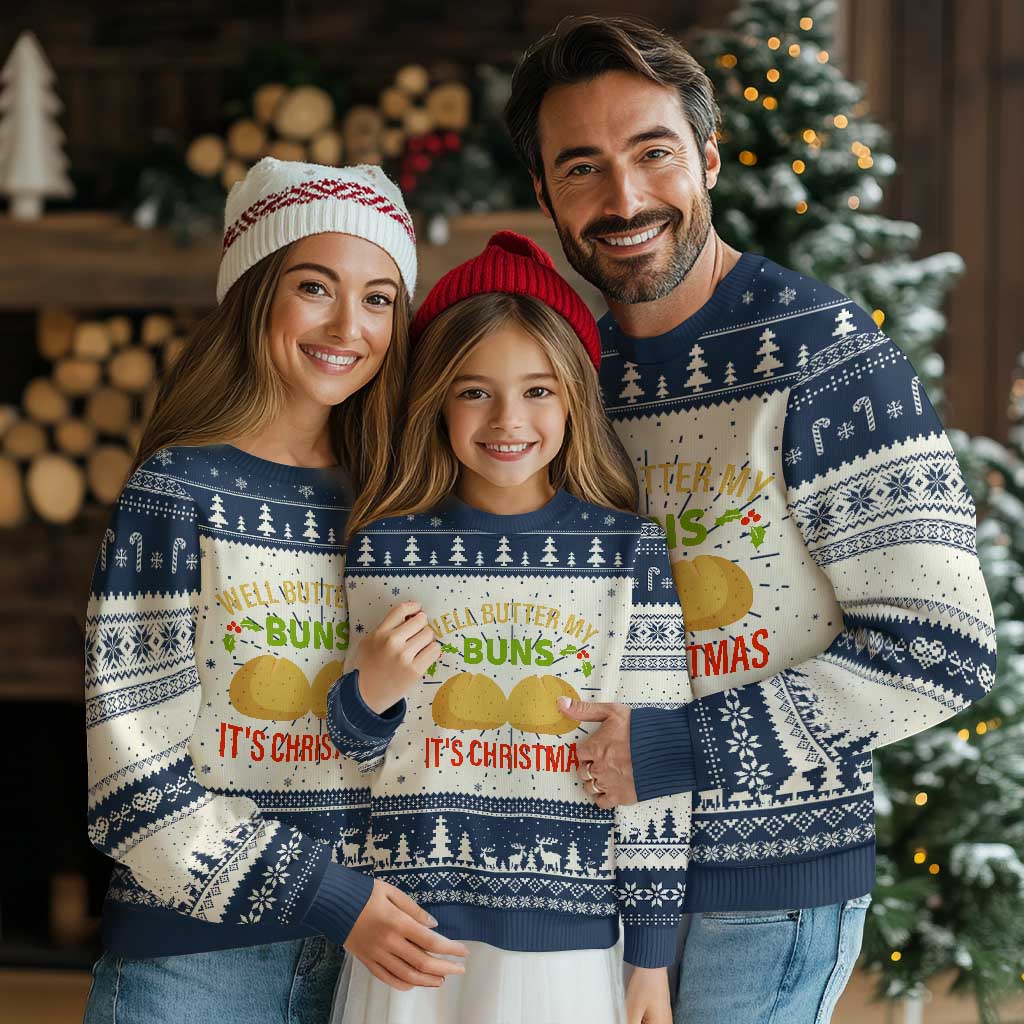Funny Xmas Bun Bread Ugly Christmas Sweater Well Butter My Buns It's Xmas TS11 Navy Print Your Wear