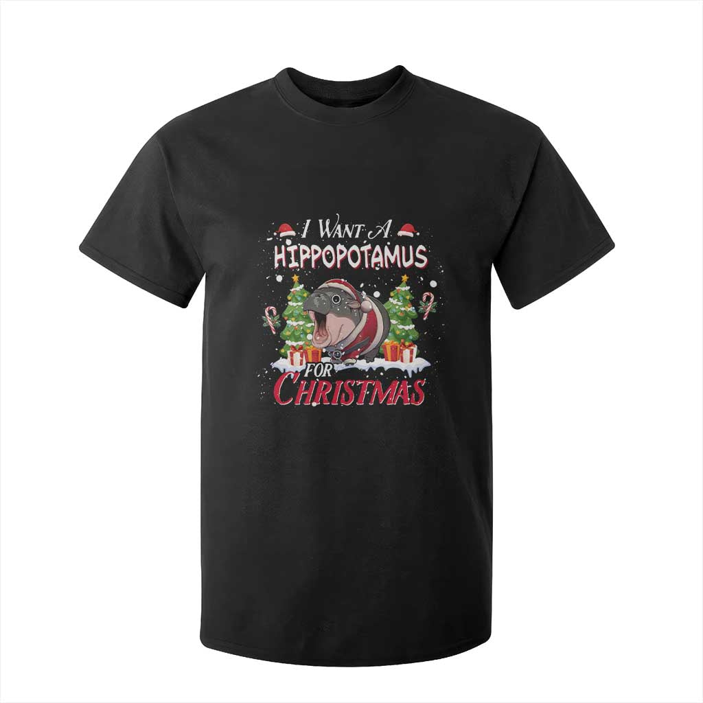 Funny Moo Deng Christmas T Shirt For Kid I Want A Hippopotamus For Christmas Santa Baby Pygmy TS11 Black Print Your Wear