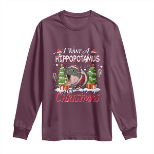 Funny Moo Deng Christmas Long Sleeve Shirt I Want A Hippopotamus For Christmas Santa Baby Pygmy TS11 Maroon Print Your Wear