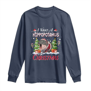 Funny Moo Deng Christmas Long Sleeve Shirt I Want A Hippopotamus For Christmas Santa Baby Pygmy TS11 Navy Print Your Wear