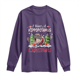 Funny Moo Deng Christmas Long Sleeve Shirt I Want A Hippopotamus For Christmas Santa Baby Pygmy TS11 Purple Print Your Wear