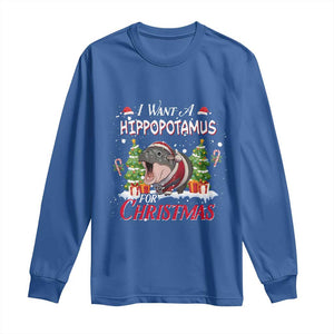 Funny Moo Deng Christmas Long Sleeve Shirt I Want A Hippopotamus For Christmas Santa Baby Pygmy TS11 Royal Blue Print Your Wear