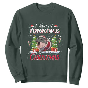 Funny Moo Deng Christmas Sweatshirt I Want A Hippopotamus For Christmas Santa Baby Pygmy TS11 Dark Forest Green Print Your Wear