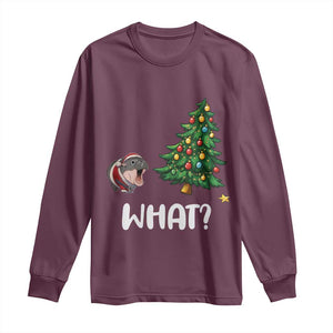 Funny Moo Deng Christmas Long Sleeve Shirt What Santa Cute Hippo Zoo Meme Baby Pygmy Xmas Tree TS11 Maroon Print Your Wear