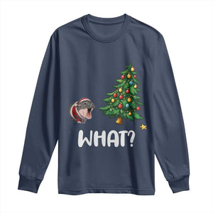 Funny Moo Deng Christmas Long Sleeve Shirt What Santa Cute Hippo Zoo Meme Baby Pygmy Xmas Tree TS11 Navy Print Your Wear