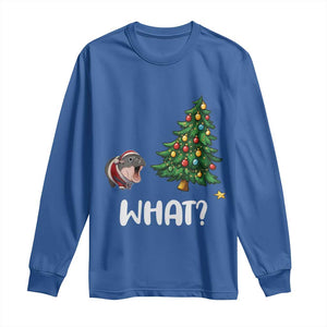 Funny Moo Deng Christmas Long Sleeve Shirt What Santa Cute Hippo Zoo Meme Baby Pygmy Xmas Tree TS11 Royal Blue Print Your Wear