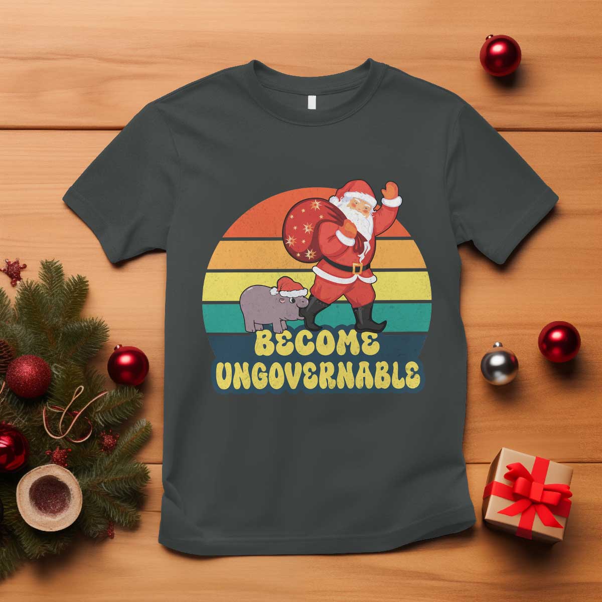Funny Moo Deng Christmas T Shirt Become Ungovernable Xmas Santa TS11 Dark Heather Print Your Wear