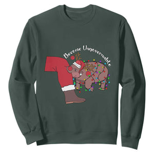 Funny Moo Deng Christmas Sweatshirt Become Ungovernable Reindeer Xmas Santa TS11 Dark Forest Green Print Your Wear