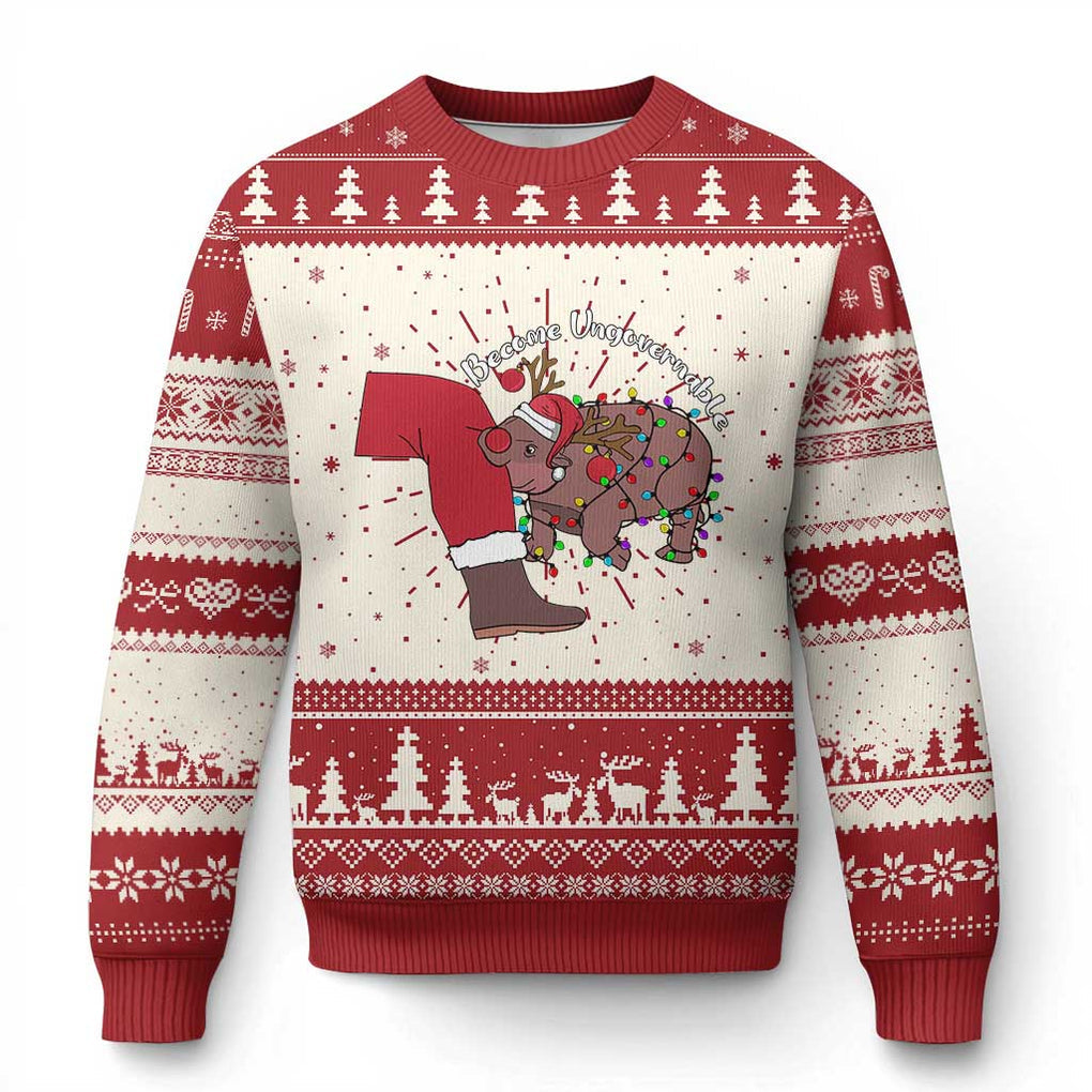 Funny Moo Deng Xmas Ugly Christmas Sweater Become Ungovernable Reindeer Xmas Santa TS11 Red Print Your Wear