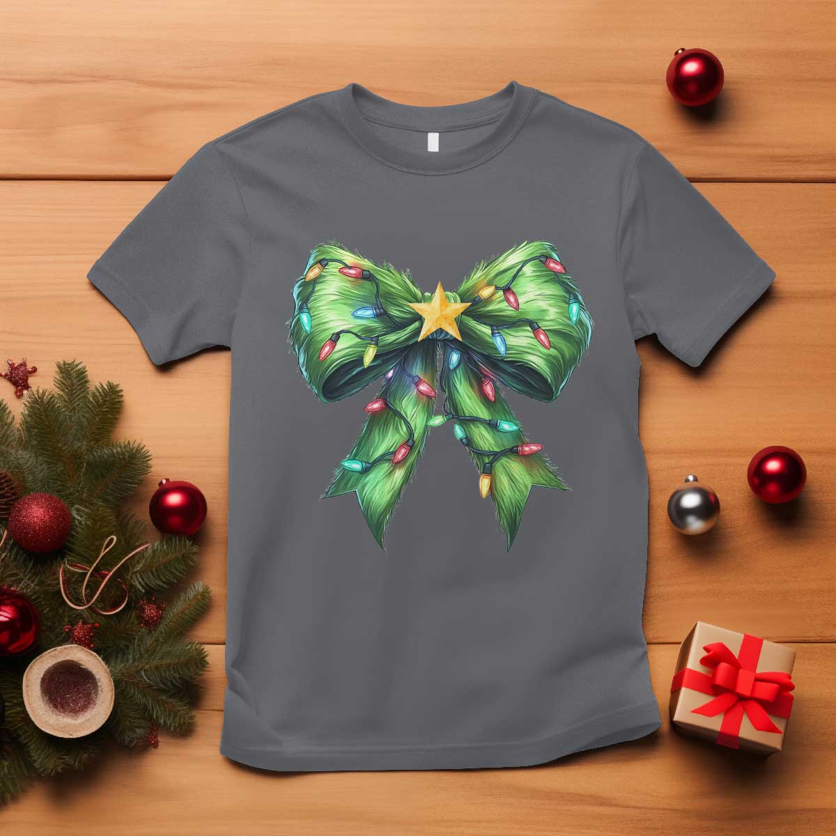 Funny Christmas Coquette T Shirt Green Xmas Tree Bow TS11 Charcoal Print Your Wear