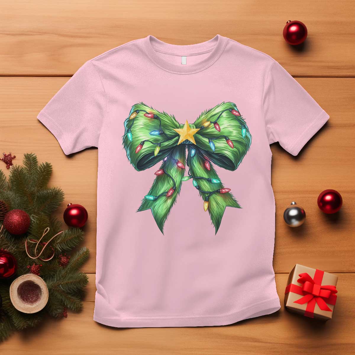 Funny Christmas Coquette T Shirt Green Xmas Tree Bow TS11 Light Pink Print Your Wear