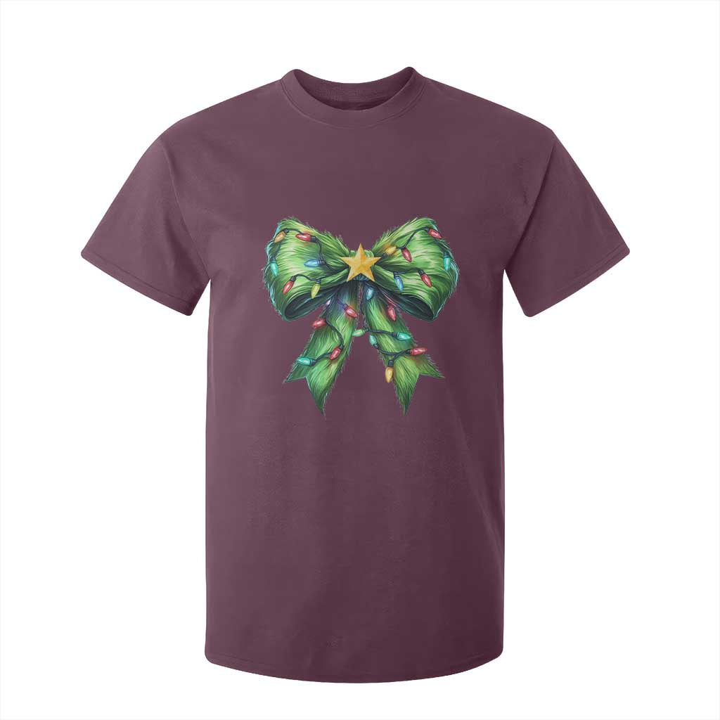Funny Christmas Coquette T Shirt For Kid Green Xmas Tree Bow TS11 Maroon Print Your Wear