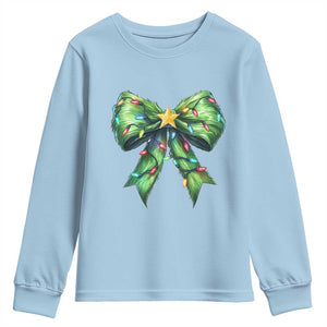 Funny Christmas Coquette Youth Sweatshirt Green Xmas Tree Bow TS11 Light Blue Print Your Wear