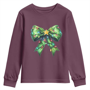 Funny Christmas Coquette Youth Sweatshirt Green Xmas Tree Bow TS11 Maroon Print Your Wear