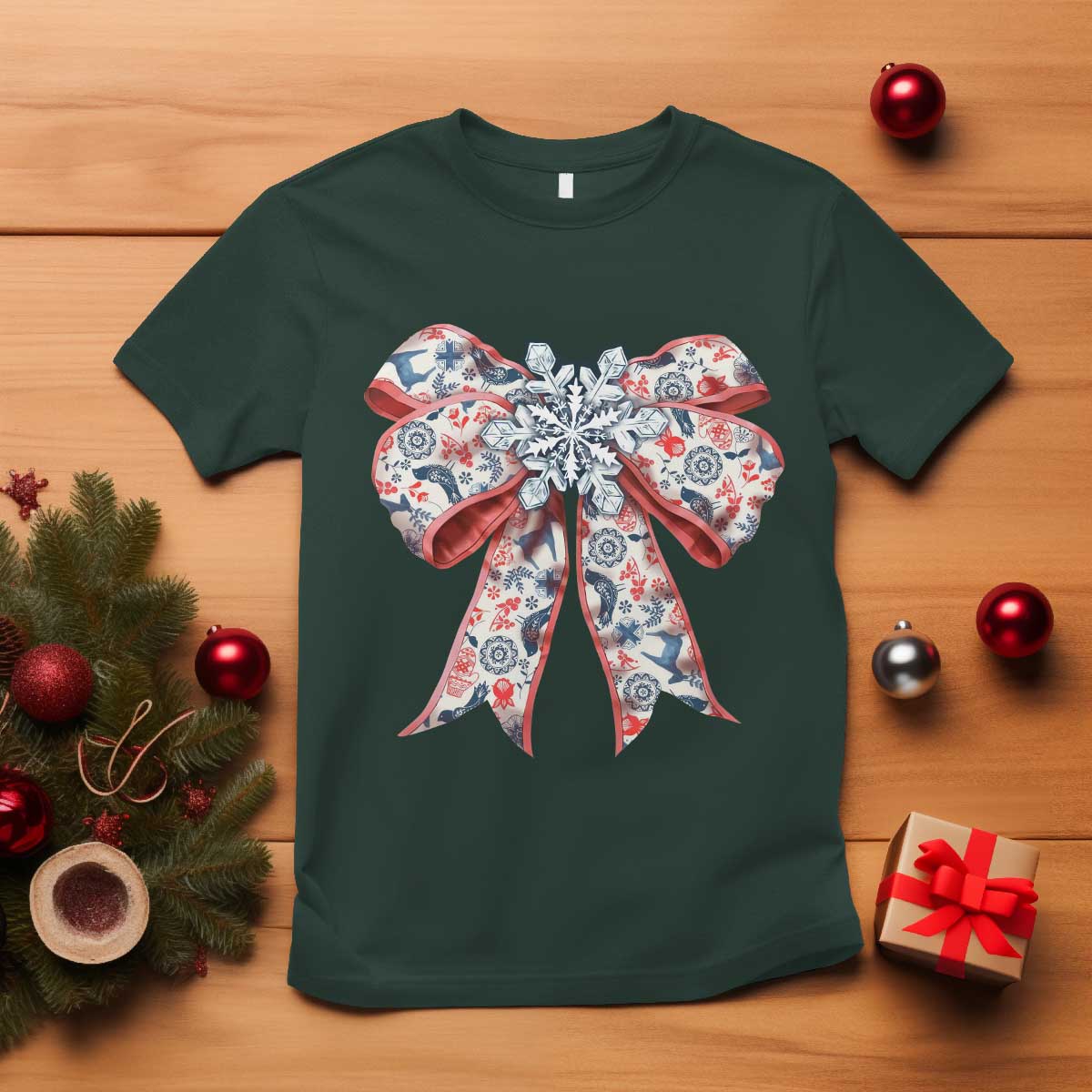 Funny Toile Folk Art Scandinavian Coquette Bow Christmas T Shirt TS11 Dark Forest Green Print Your Wear