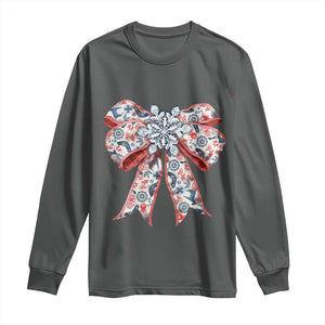 Funny Toile Folk Art Scandinavian Coquette Bow Christmas Long Sleeve Shirt TS11 Dark Heather Print Your Wear