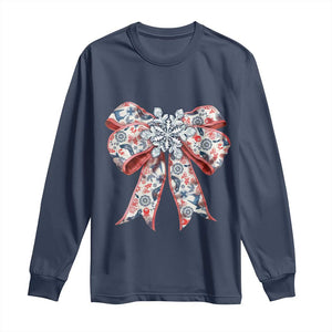 Funny Toile Folk Art Scandinavian Coquette Bow Christmas Long Sleeve Shirt TS11 Navy Print Your Wear