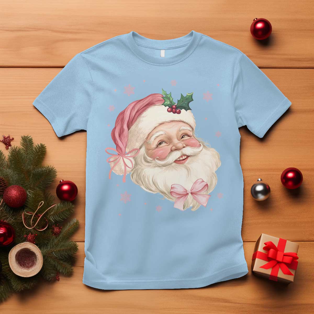 Christmas Coquette Pink Santa Bow T Shirt TS11 Light Blue Print Your Wear