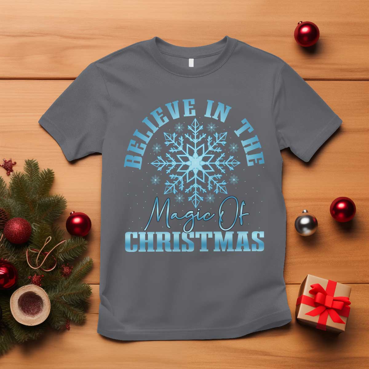 Believe In The Magic Of Christmas T Shirt Xmas Snowflake TS11 Charcoal Print Your Wear