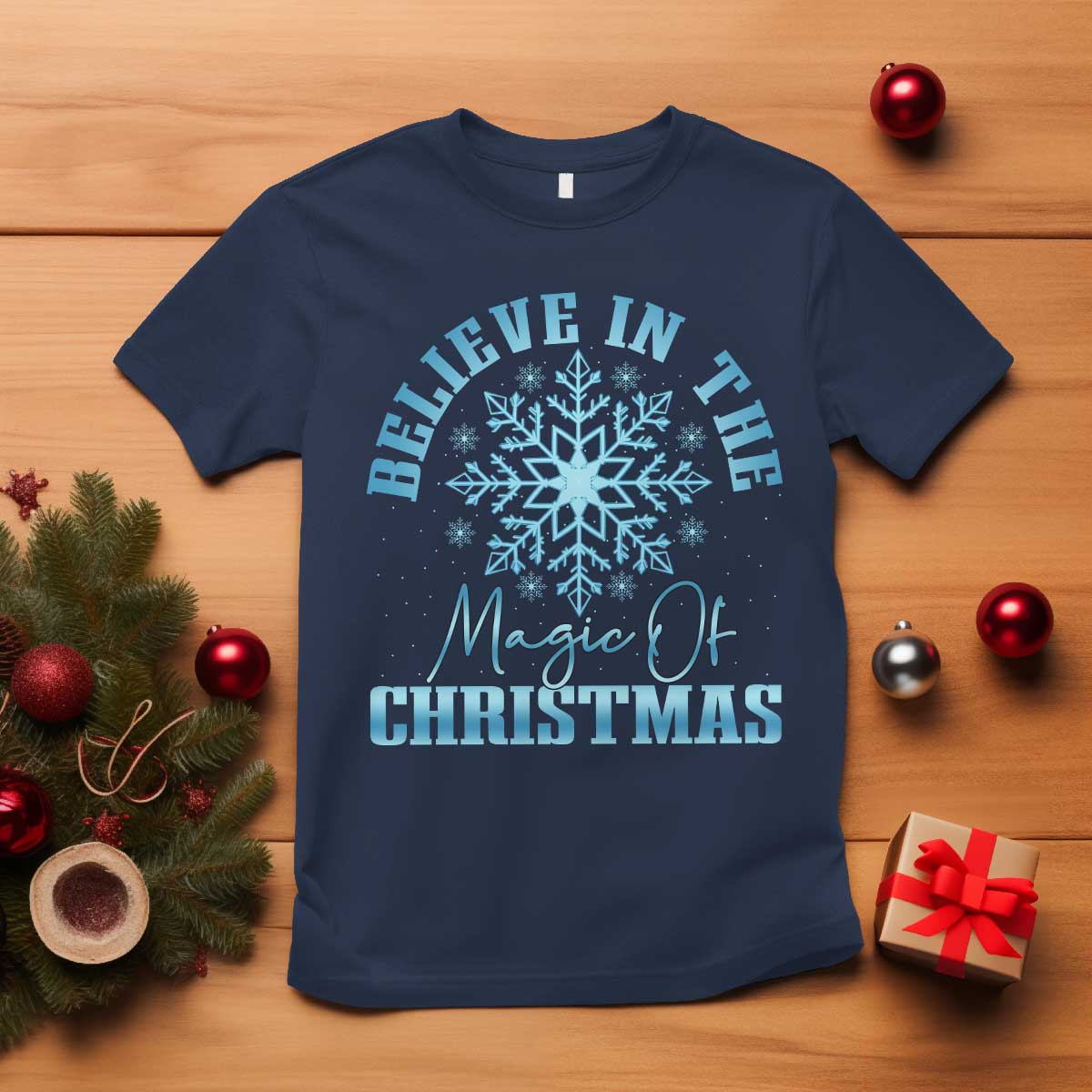Believe In The Magic Of Christmas T Shirt Xmas Snowflake TS11 Navy Print Your Wear