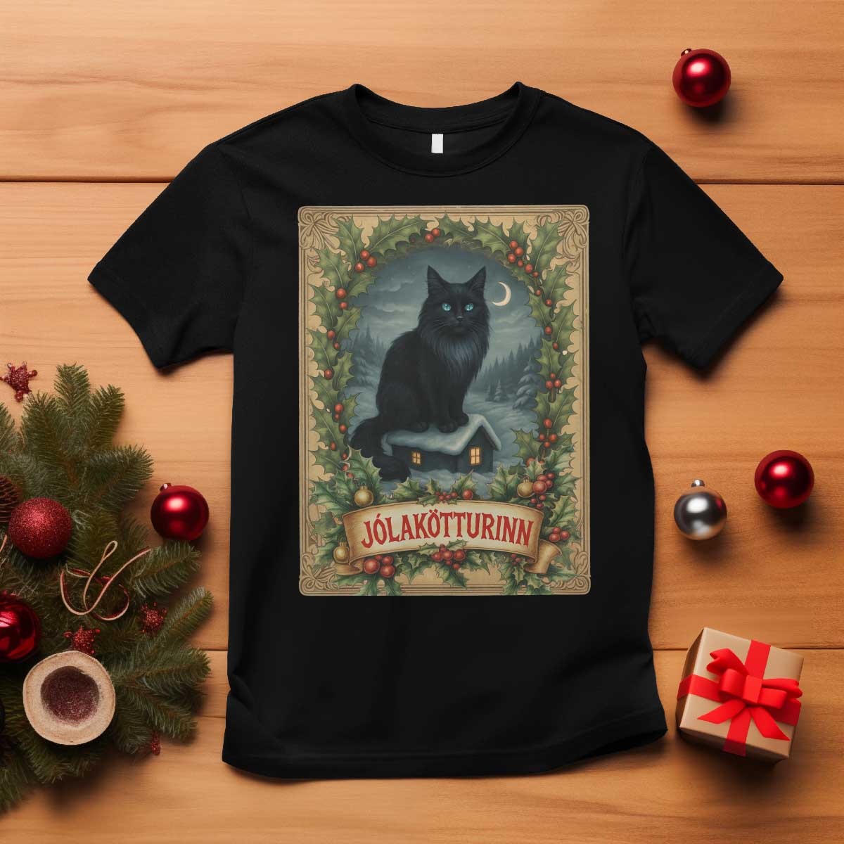 Nordic Christmas Cat T Shirt Jolakotturinn Yule Cat Icelandic TS11 Black Print Your Wear