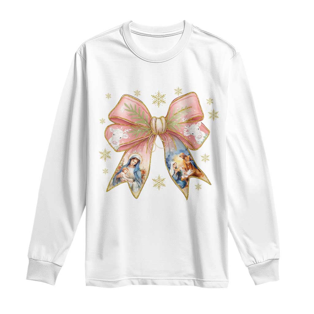 Jesus Christmas Coquette Bow Nativity Bible Verse Christian Long Sleeve Shirt TS11 White Print Your Wear