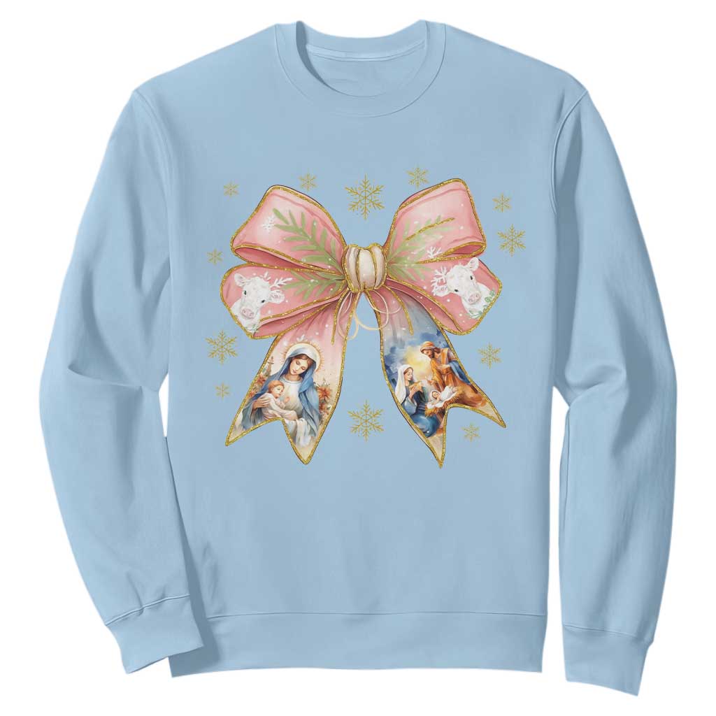 Jesus Christmas Coquette Bow Nativity Bible Verse Christian Sweatshirt TS11 Light Blue Print Your Wear