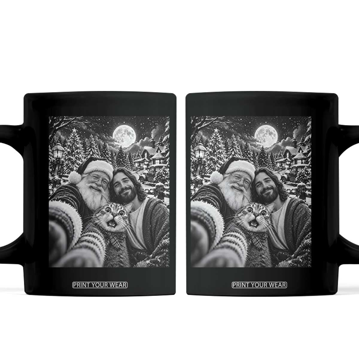 Cat Selfie with Jesus and Santa Funny Christmas Coffee Mug