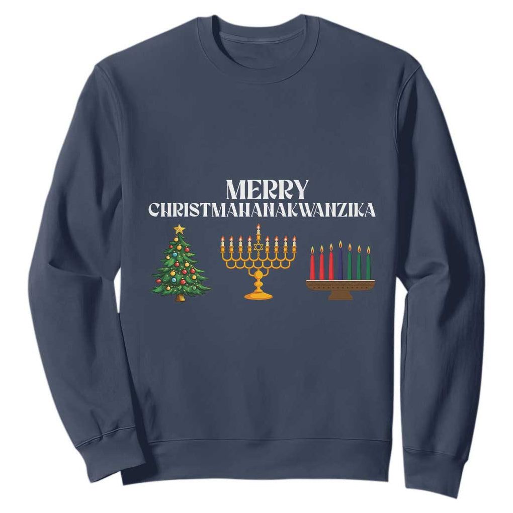 Merry Christmahanakwanzika Sweatshirt Christmas Hanukkah Kwanzaa TS11 Navy Print Your Wear