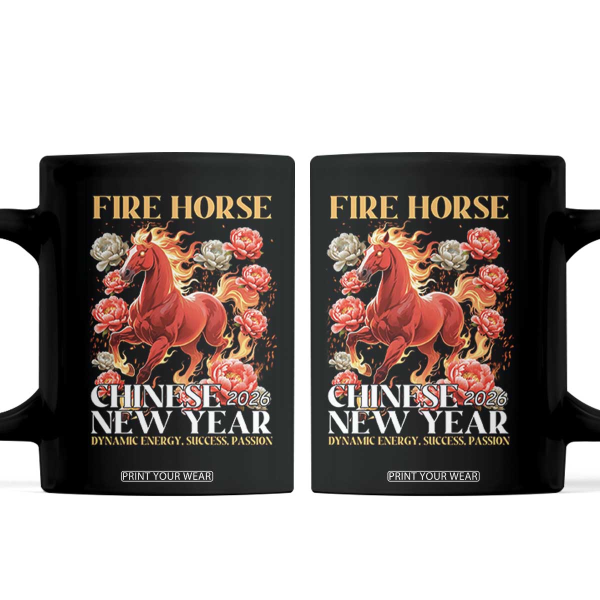 Year of The Fire Horse 2026 Coffee Mug Chinese New Year Peony Flower TS11 Black Print Your Wear