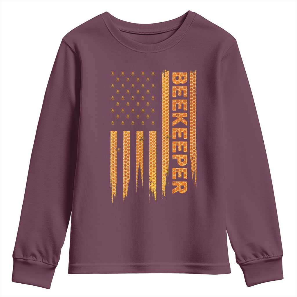 Beekeeping American Flag Honeycomb Honey Bees Beekeeper Youth Sweatshirt TS11 Maroon Print Your Wear