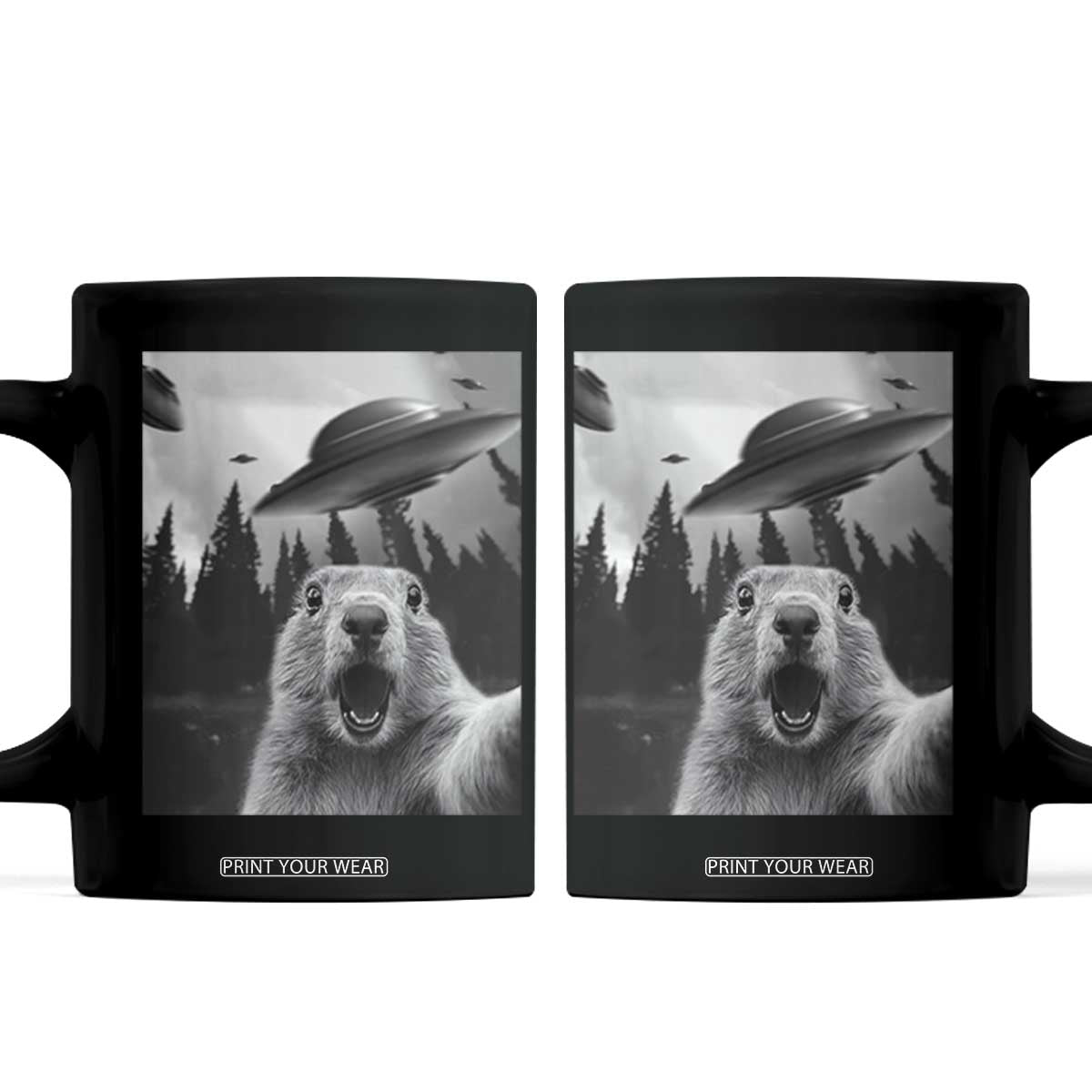 Funny Groundhog Selfie With Alien UFOs Weird Ground Hog Day Coffee Mug TS11 Black Print Your Wear