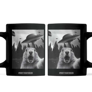 Funny Groundhog Selfie With Alien UFOs Weird Ground Hog Day Coffee Mug TS11 Black Print Your Wear