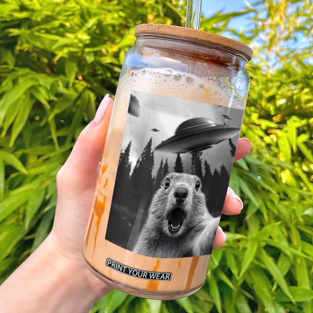 Funny Groundhog Selfie With Alien UFOs Weird Ground Hog Day Glass Can TS11 Black Print Your Wear