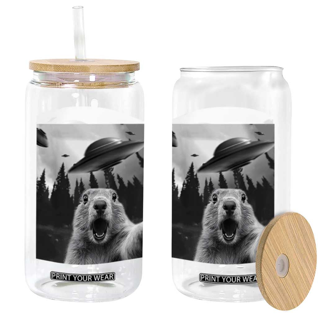 Funny Groundhog Selfie With Alien UFOs Weird Ground Hog Day Glass Can TS11 Print Your Wear
