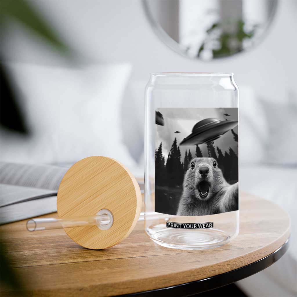 Funny Groundhog Selfie With Alien UFOs Weird Ground Hog Day Glass Can TS11 Print Your Wear