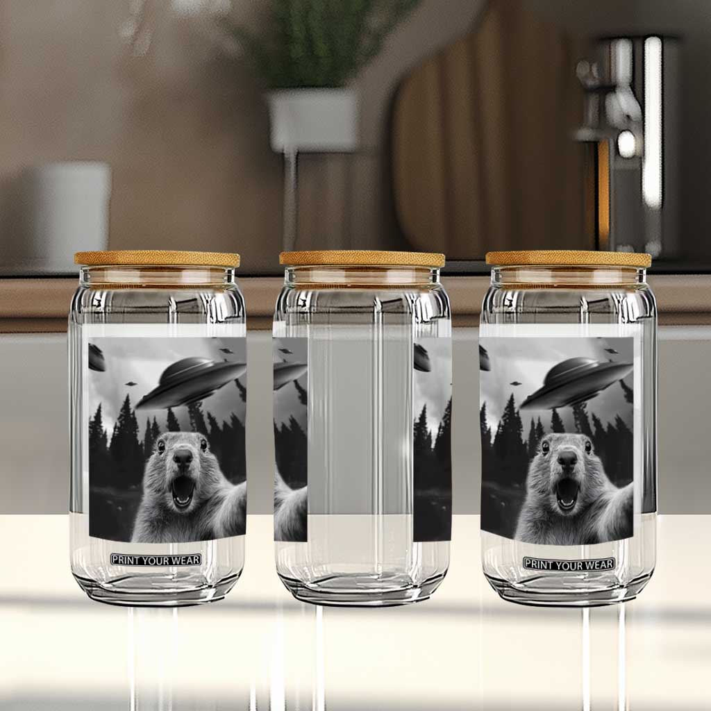 Funny Groundhog Selfie With Alien UFOs Weird Ground Hog Day Glass Can TS11 Print Your Wear