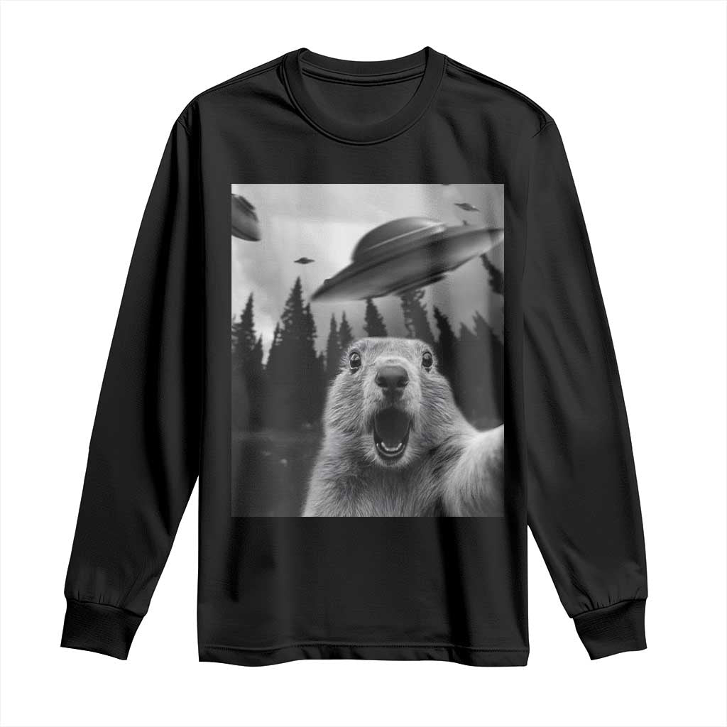Funny Groundhog Selfie With Alien UFOs Weird Ground Hog Day Long Sleeve Shirt TS11 Black Print Your Wear