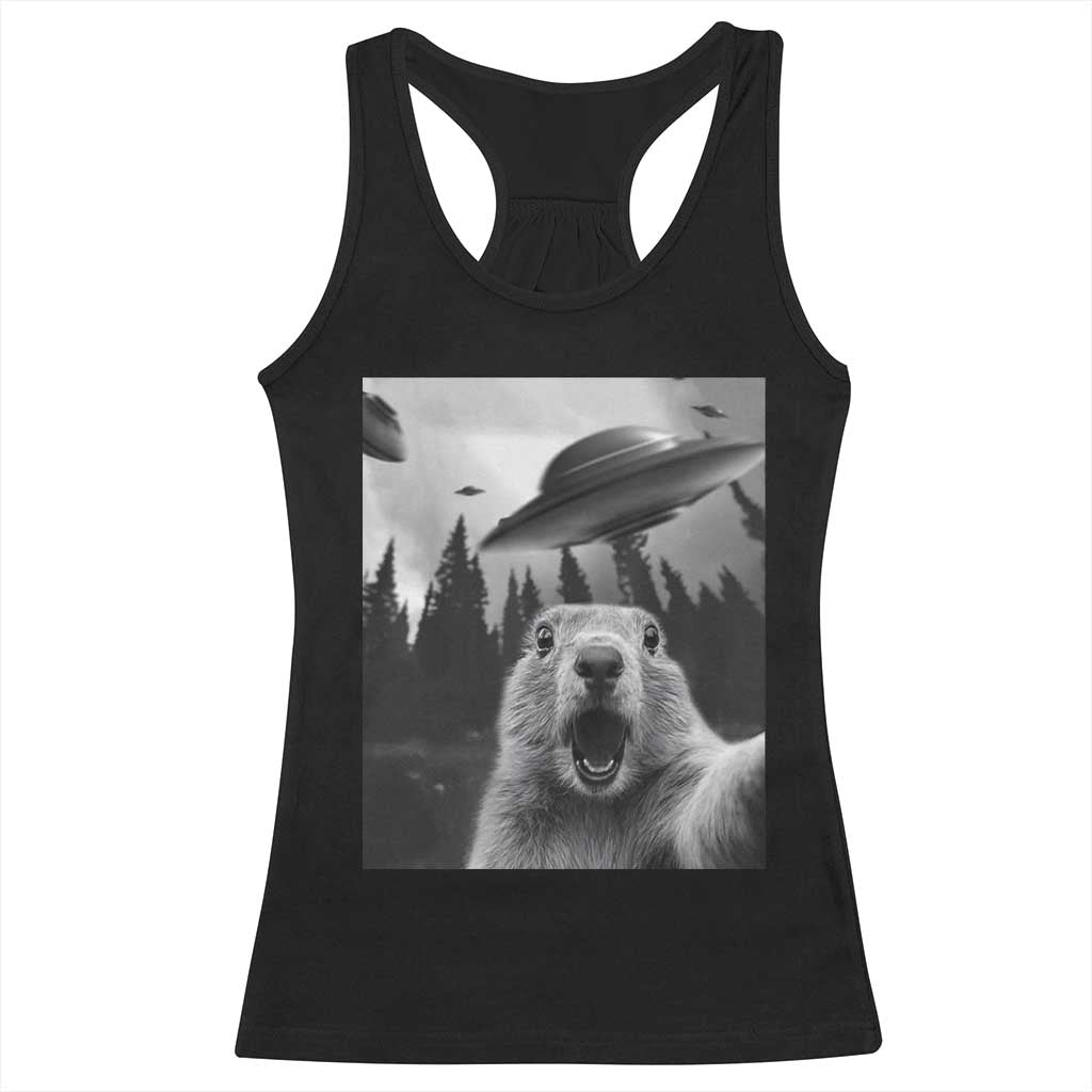 Funny Groundhog Selfie With Alien UFOs Weird Ground Hog Day Racerback Tank Top TS11 Black Print Your Wear