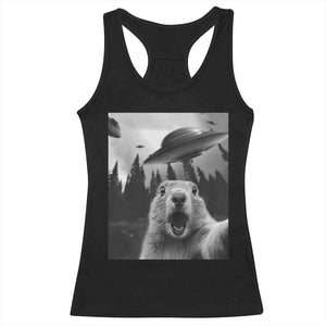 Funny Groundhog Selfie With Alien UFOs Weird Ground Hog Day Racerback Tank Top TS11 Black Print Your Wear