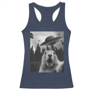 Funny Groundhog Selfie With Alien UFOs Weird Ground Hog Day Racerback Tank Top TS11 Navy Print Your Wear