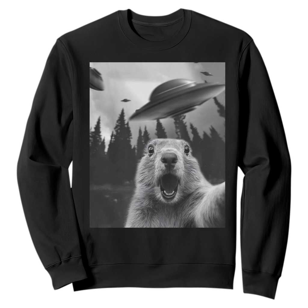 Funny Groundhog Selfie With Alien UFOs Weird Ground Hog Day Sweatshirt TS11 Black Print Your Wear