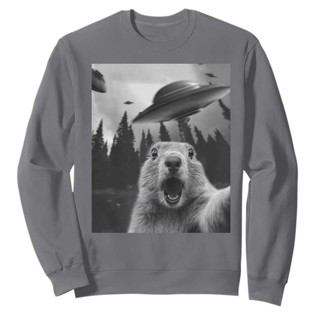 Funny Groundhog Selfie With Alien UFOs Weird Ground Hog Day Sweatshirt TS11 Charcoal Print Your Wear