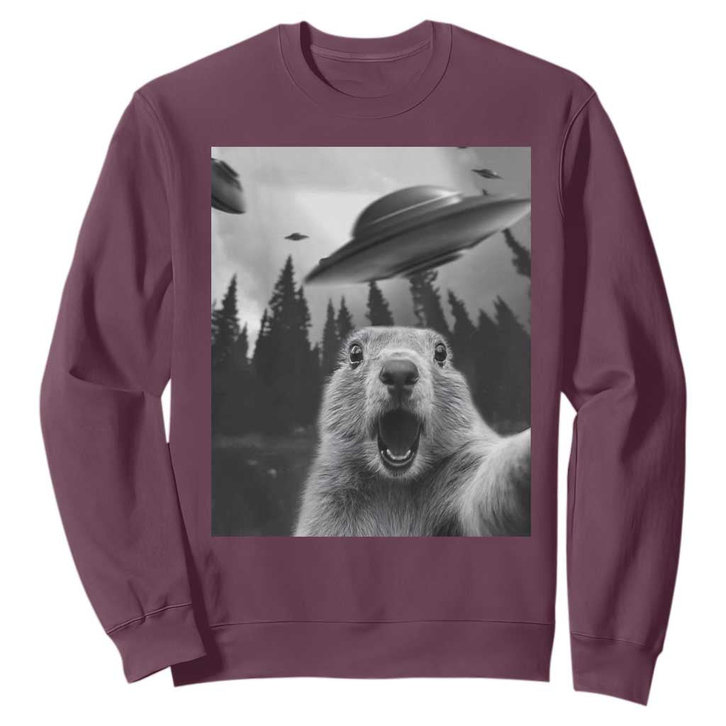 Funny Groundhog Selfie With Alien UFOs Weird Ground Hog Day Sweatshirt TS11 Maroon Print Your Wear
