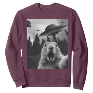 Funny Groundhog Selfie With Alien UFOs Weird Ground Hog Day Sweatshirt TS11 Maroon Print Your Wear