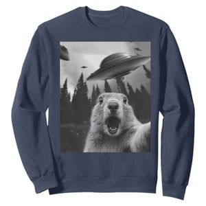 Funny Groundhog Selfie With Alien UFOs Weird Ground Hog Day Sweatshirt TS11 Navy Print Your Wear