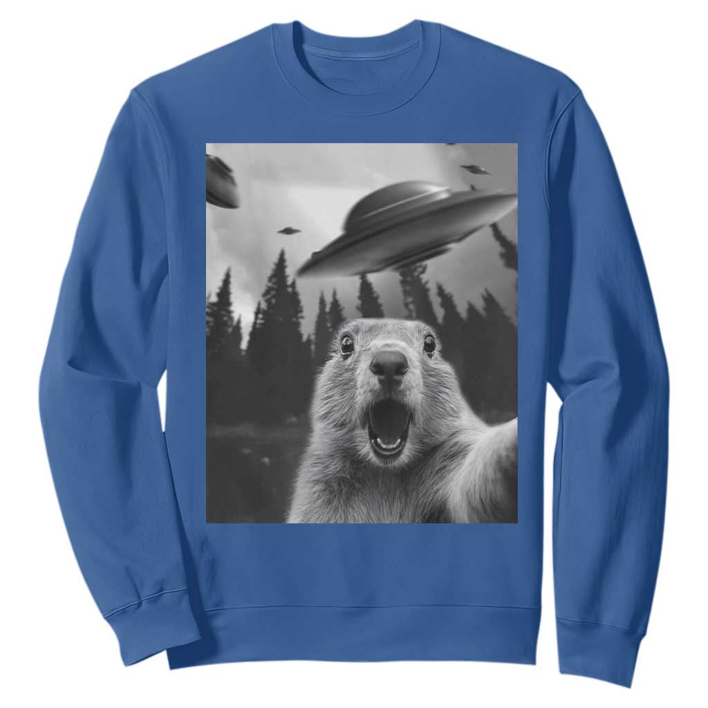 Funny Groundhog Selfie With Alien UFOs Weird Ground Hog Day Sweatshirt TS11 Royal Blue Print Your Wear