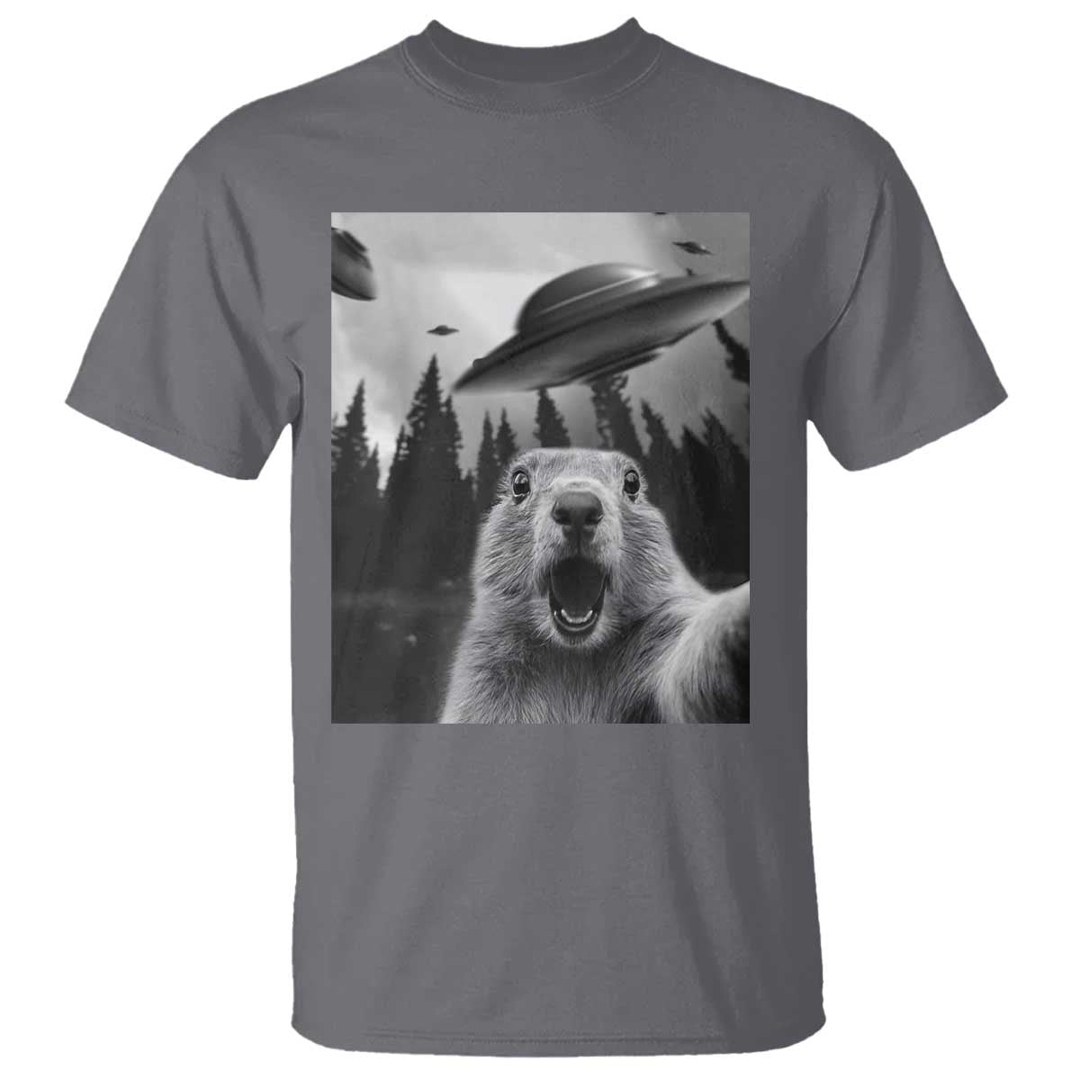 Funny Groundhog Selfie With Alien UFOs Weird Ground Hog Day T Shirt TS11 Charcoal Print Your Wear