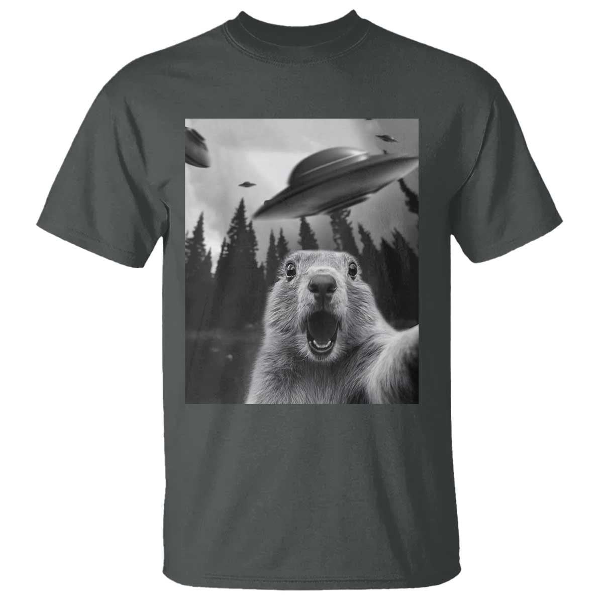 Funny Groundhog Selfie With Alien UFOs Weird Ground Hog Day T Shirt TS11 Dark Heather Print Your Wear